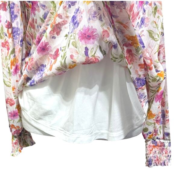 JOIE Floral Blouse Medium 8-10 Tie V-Neck  Sheer Sleeve Smocked Cuff Pink Purple - Picture 7 of 13